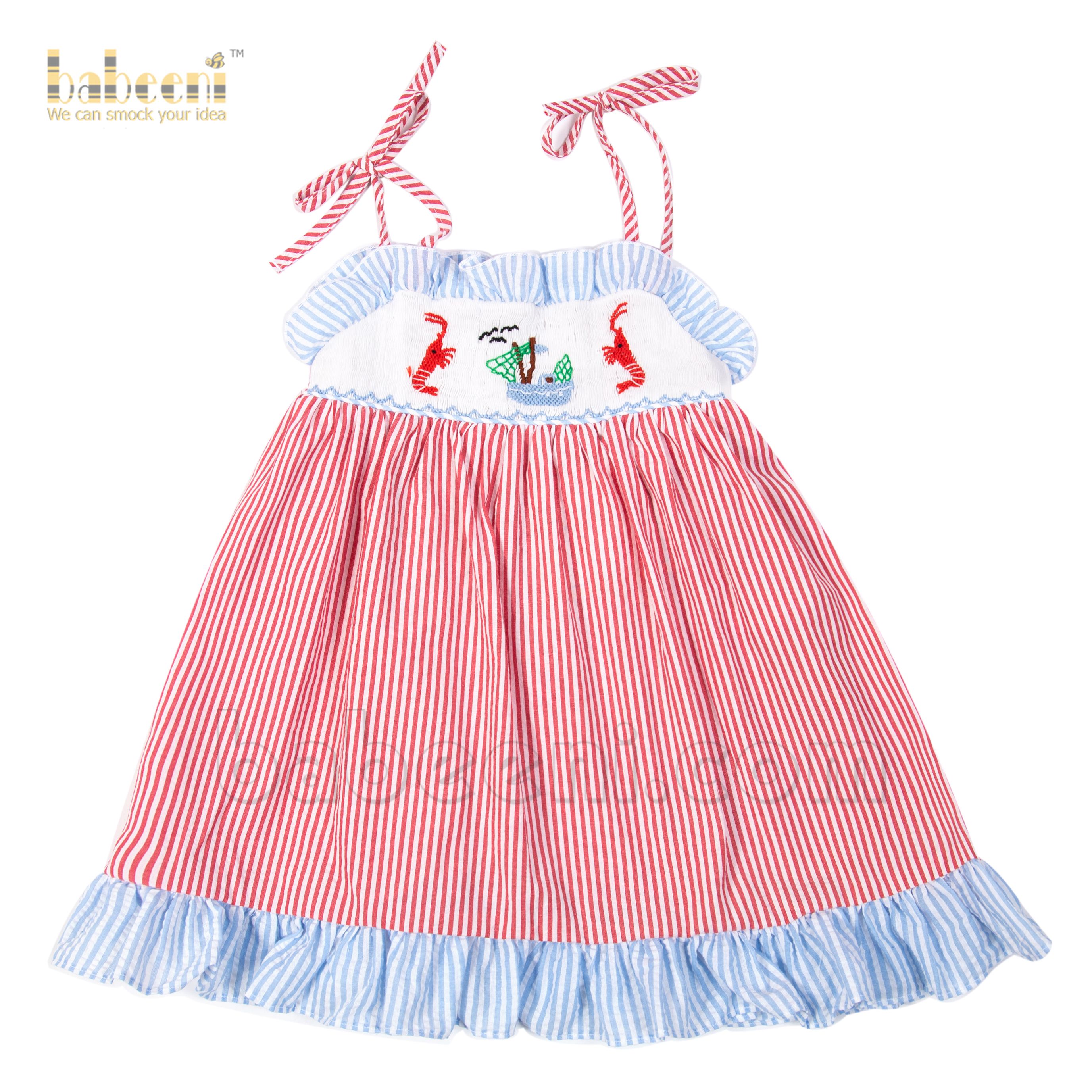 Lovely red striped girl dress with smocked shrimp and boat - DR 3088